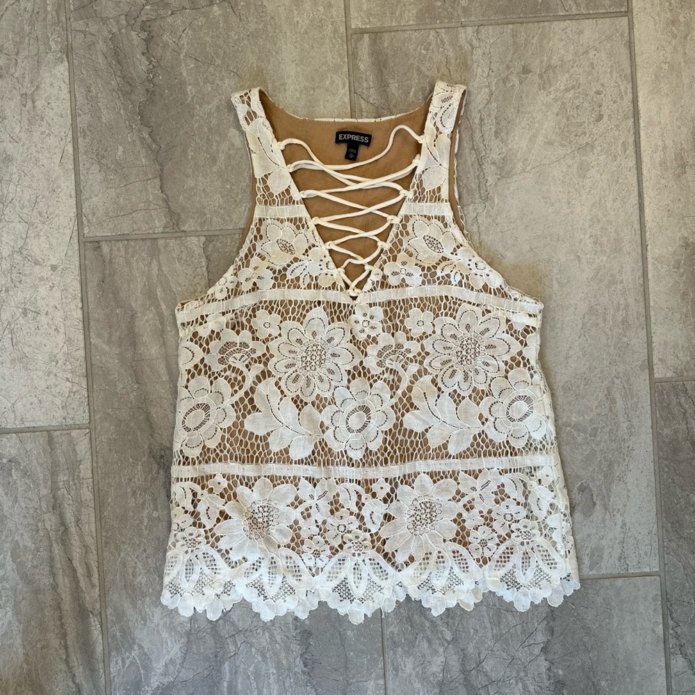 Express Cream Lace-Up Floral Tank Top